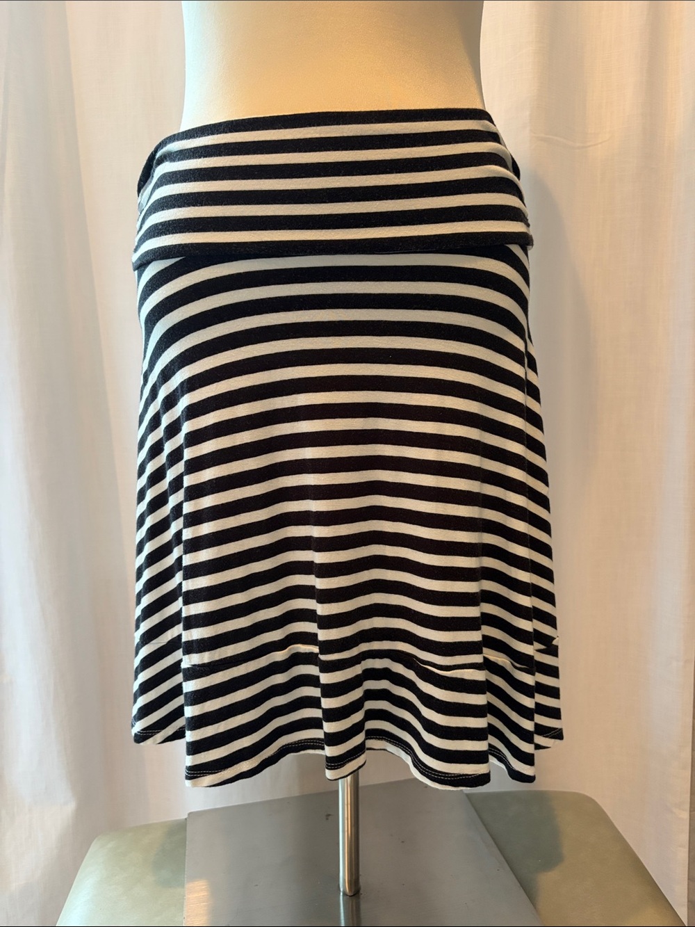 Striped Black & White Fold-Over Waist Skater Skirt
